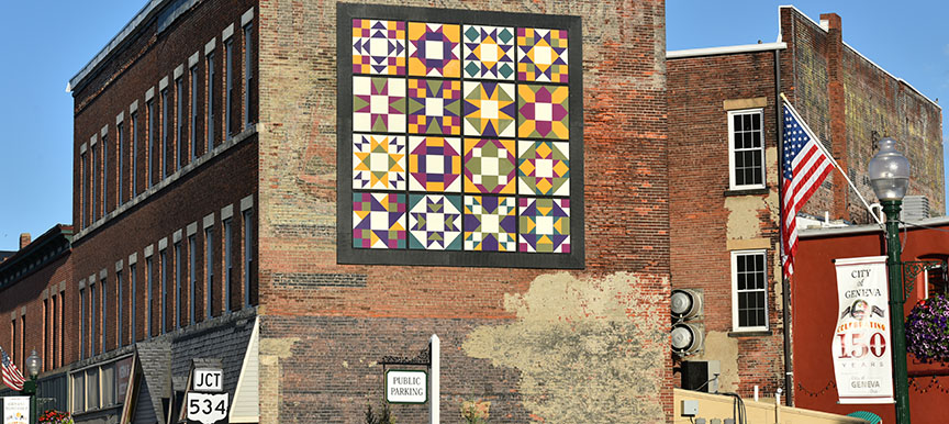 Barn quilt on the side of an East Main street building, downtown Geneva.